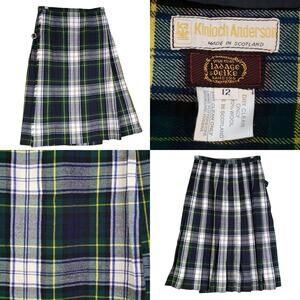 Kinloch Anderson Tartan Kilted Skirt Pleated Wool Green Plaid Sz 12 GB Buckle